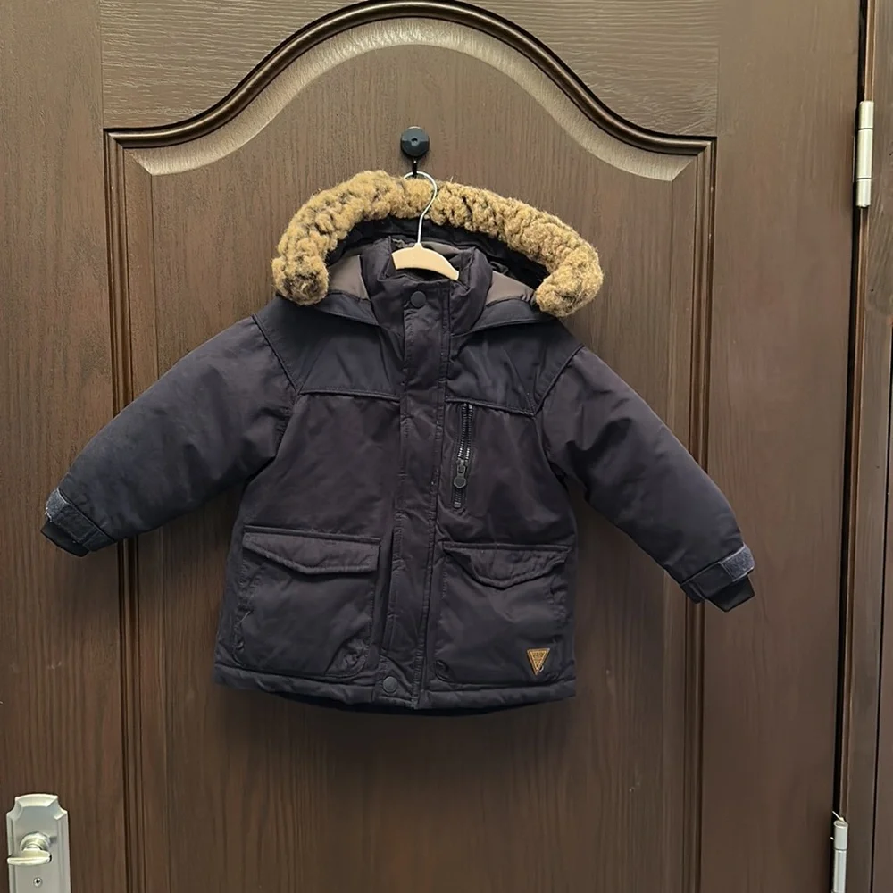 Zara Baby Boy Down Puffer Parka Coat Faux Fur Hood Navy Size 18/24M
